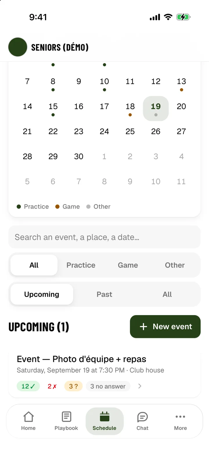 The September schedule with practices, the game on the 13th and upcoming events, each session showing 11 in, 2 out, 2 maybe and 4 no answer.