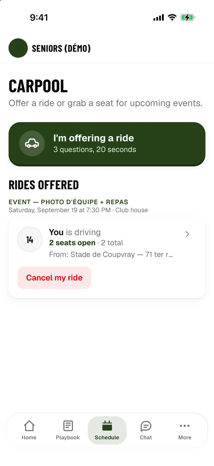 Carpooling for the game against the Ours de Melun: Baptiste R. is driving, 2 seats left, leaving Chessy station at 12:45 p.m., with a Ride along button.