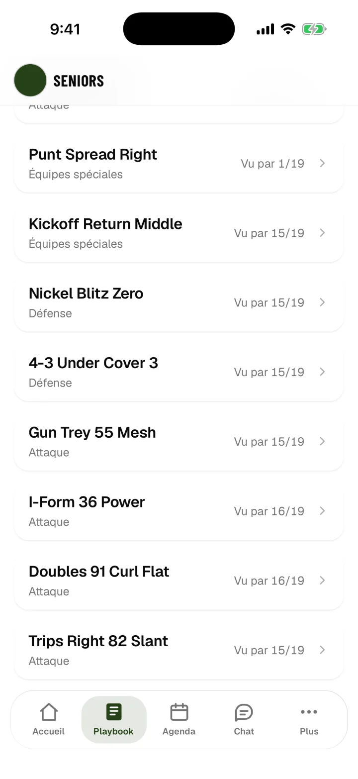 The Seniors playbook: Kickoff Return Middle, Nickel Blitz Zero, 4-3 Under Cover 3, Gun Trey 55 Mesh, each showing how many players have seen it, for example seen by 15 of 19.