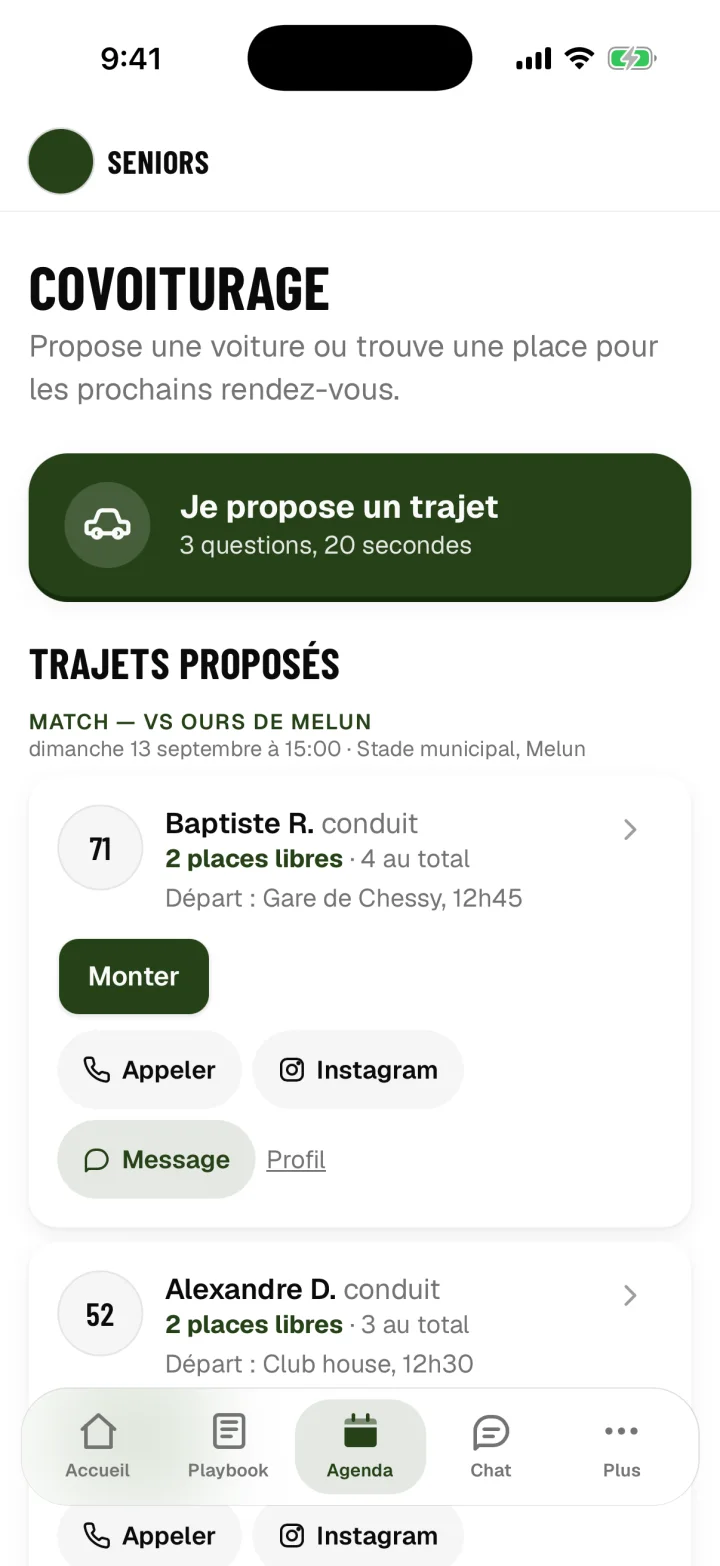 Le covoiturage pour le match contre les Ours de Melun&nbsp;: Baptiste R. conduit, 2 places libres, départ gare de Chessy à 12h45, bouton Monter.